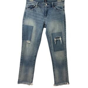 Gap Girlfriend Jeans Womens Size 25 Patches Light Wash Denim Distress‎ Raw Hem